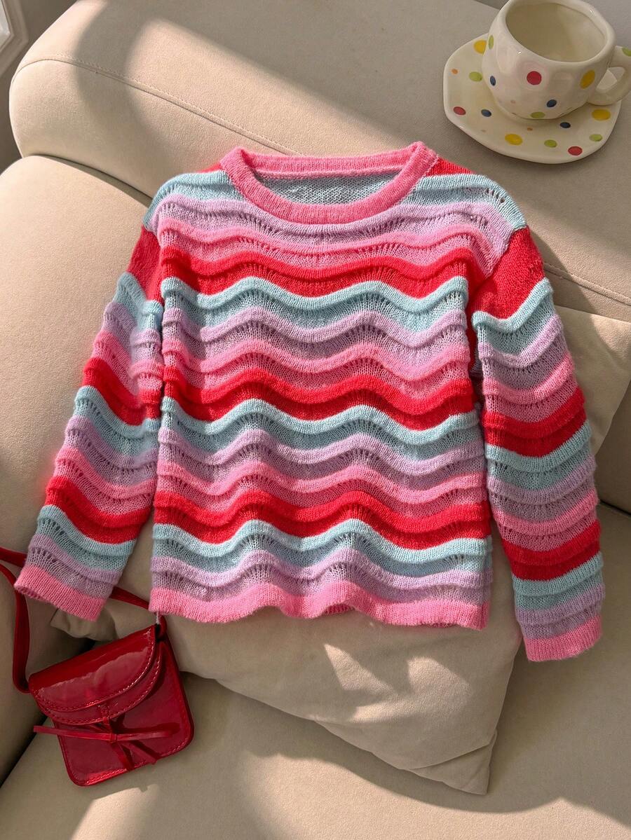 SHEIN Genkimix Kids Girls' Gradient Wave Pattern Cute Thin Knit Sweater - Multicolor - View 1