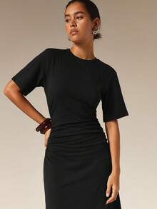 COSMINA Women's Casual Versatile Cinched Waist Cotton Brown Dress - Black - View 4