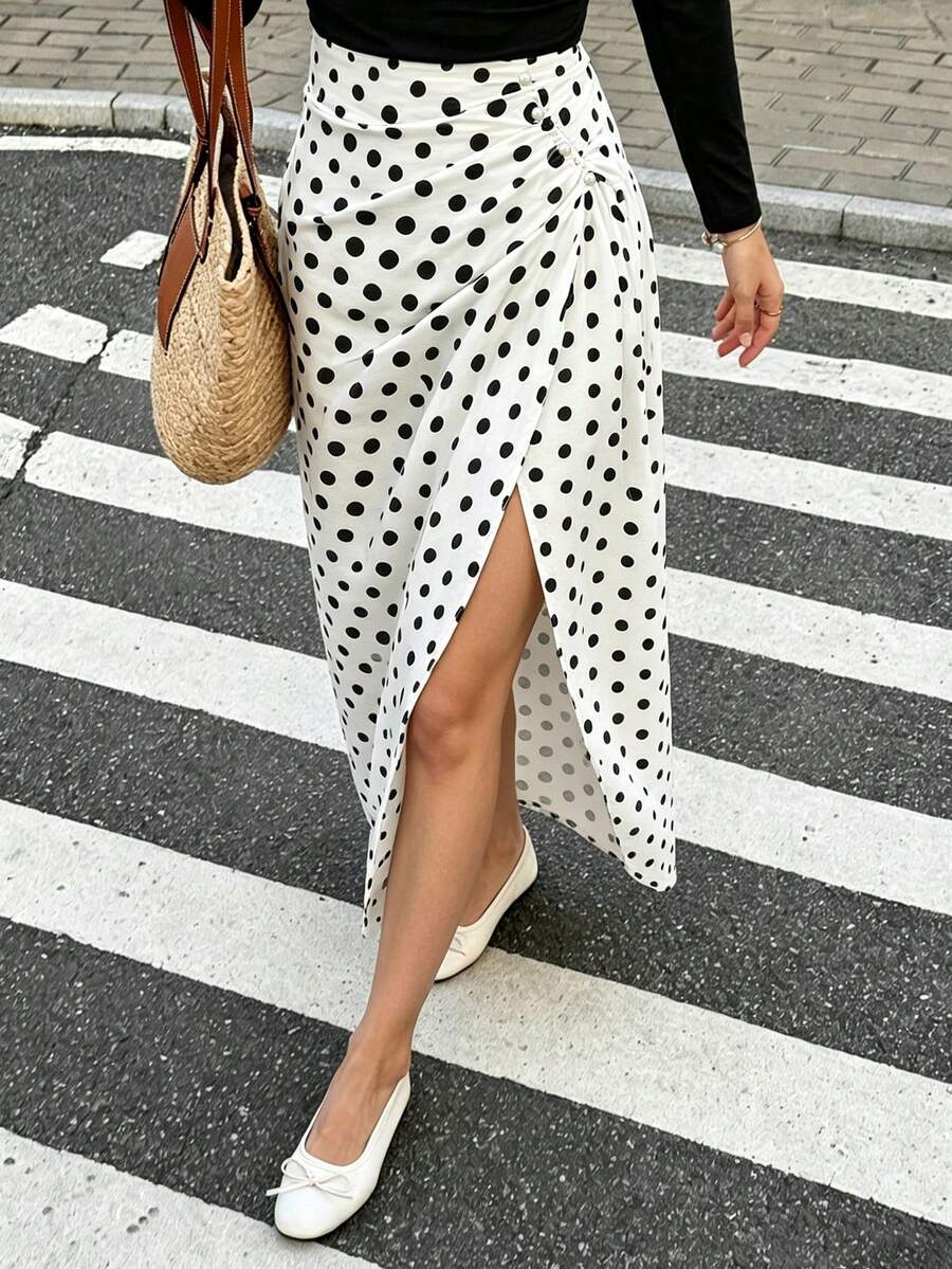 SHEIN Clasi 女款黑白波點側褶泡泡珠飾通勤優雅法式1960年代休閒百搭裙，適合早午餐、約會、度假、秋季 - 黑與白 - 查看 1