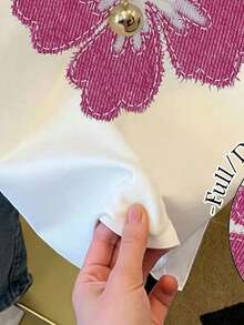 少女碎花印花宽松休闲撞色条纹圆领T恤上衣，适合夏季日常穿着 - 彩色 - 查看 5