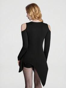 Breakform Blakeform Atasan Panjang Wanita Gaya Gothic Leher Bulat Pas Badan Warna Hitam, Bahan Rajut, Hem Asimetris, Model Bahu Terbuka, Kaos Panjang untuk Klub Malam - Hitam - View 2