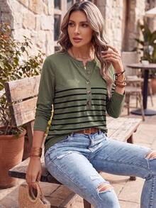 SHEIN LUNE Camiseta casual de mujer de manga larga con botones y media cartera a rayas - Multicolor - Ver 4