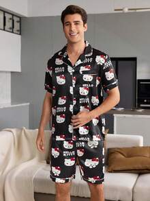 CoupledUp HELLO KITTY AND FRIENDS | SHEIN Set Piyama Pria Lengan Pendek dan Celana Pendek Motif Zebra Bahan Sutra Imitasi - Hitam - View 2