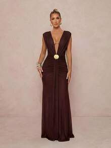 Lumalex Vestido con cuello en V, malla, cinta de cintura suave y fluida, bajo de cola de sirena con decoración de concha metálica para mujeres - Café integral - Ver 3