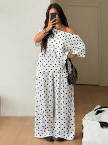 Coolane 女款大尺碼夏秋復古街頭風度假波點露肩T恤兩件套套裝 黑白配色 適合辦公室 - 白色 - 查看 6