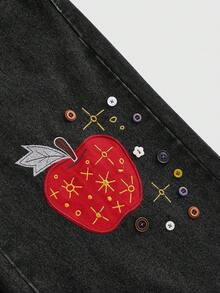 Sweetness 女款手工蘋果刺繡鈕扣裝飾低腰牛仔中長版牛仔褲 - 黑色 - 查看 3