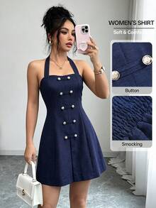 Flora Isola Flora Isola Summer Standard Size Navy Blue Halter Neck Woven Strap Frog Button A-Line Fashion Commute Going Out Vacation Short Dress Elegant Preppy - Navy Blue - View 4