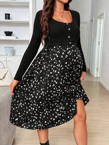 SHEIN Maternity Nursing Functional Button Long Sleeve Contrast Color Print Dress Fall - Black - View 4