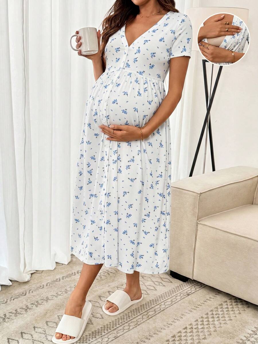 Slowluna 孕婦花卉V領單排扣休閒A字裙 可愛優雅性感哺乳洋裝 嬰兒洗禮 生日 正式 白色 夏季哺乳 - 藍色 - 查看 1
