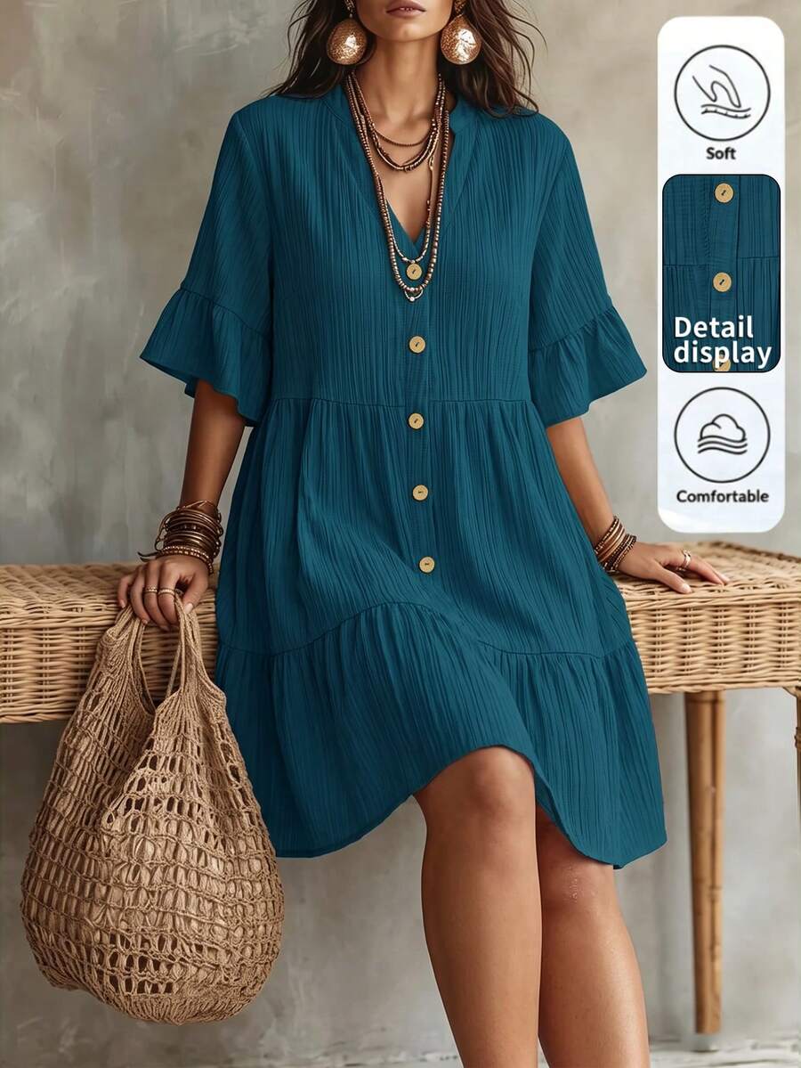 Linhara CURVE Plus Size Women Solid Color Notched V-Neck Flared Sleeve Button Design Casual Dress - Teal Blue - View 1