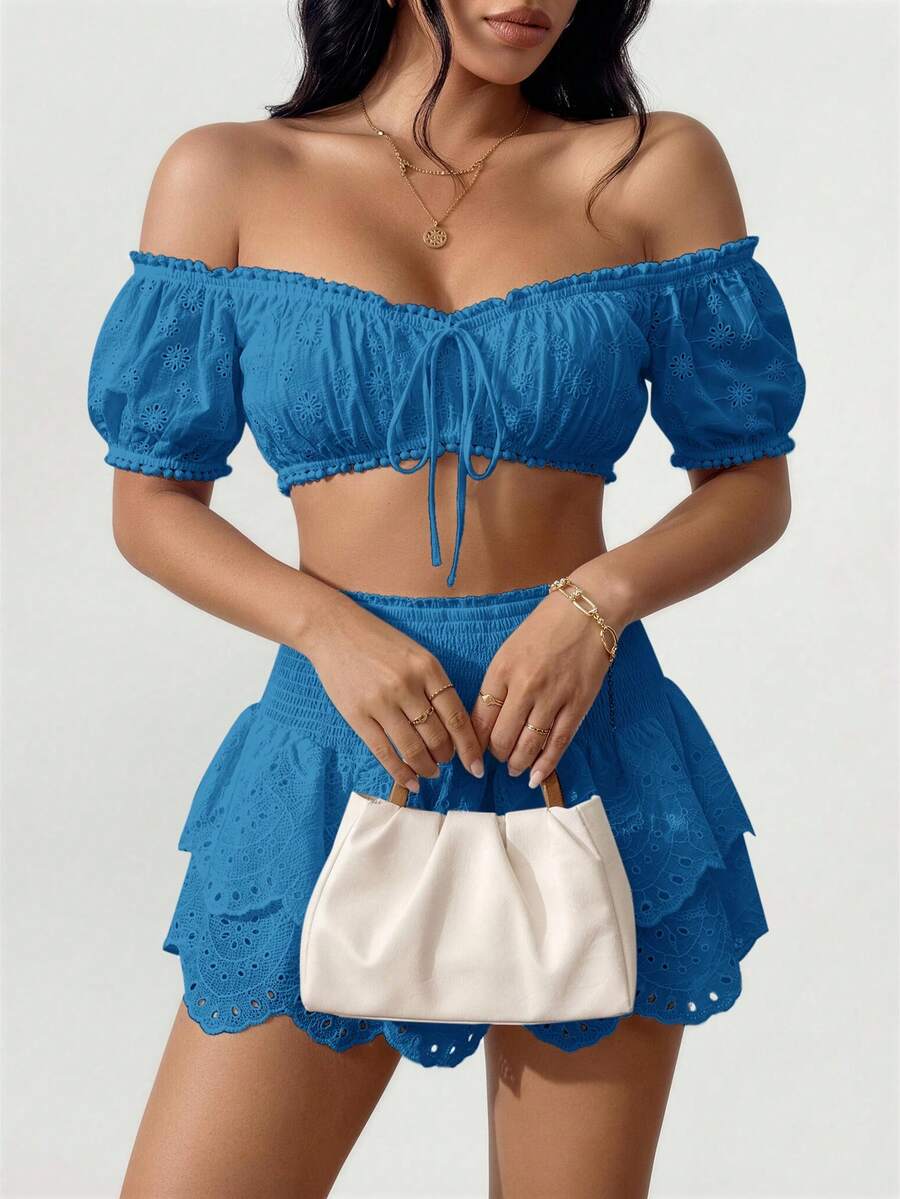 SHEIN SXY 女款法式性感短版鏤空刺繡綁帶上衣 - 藍色 - 查看 1