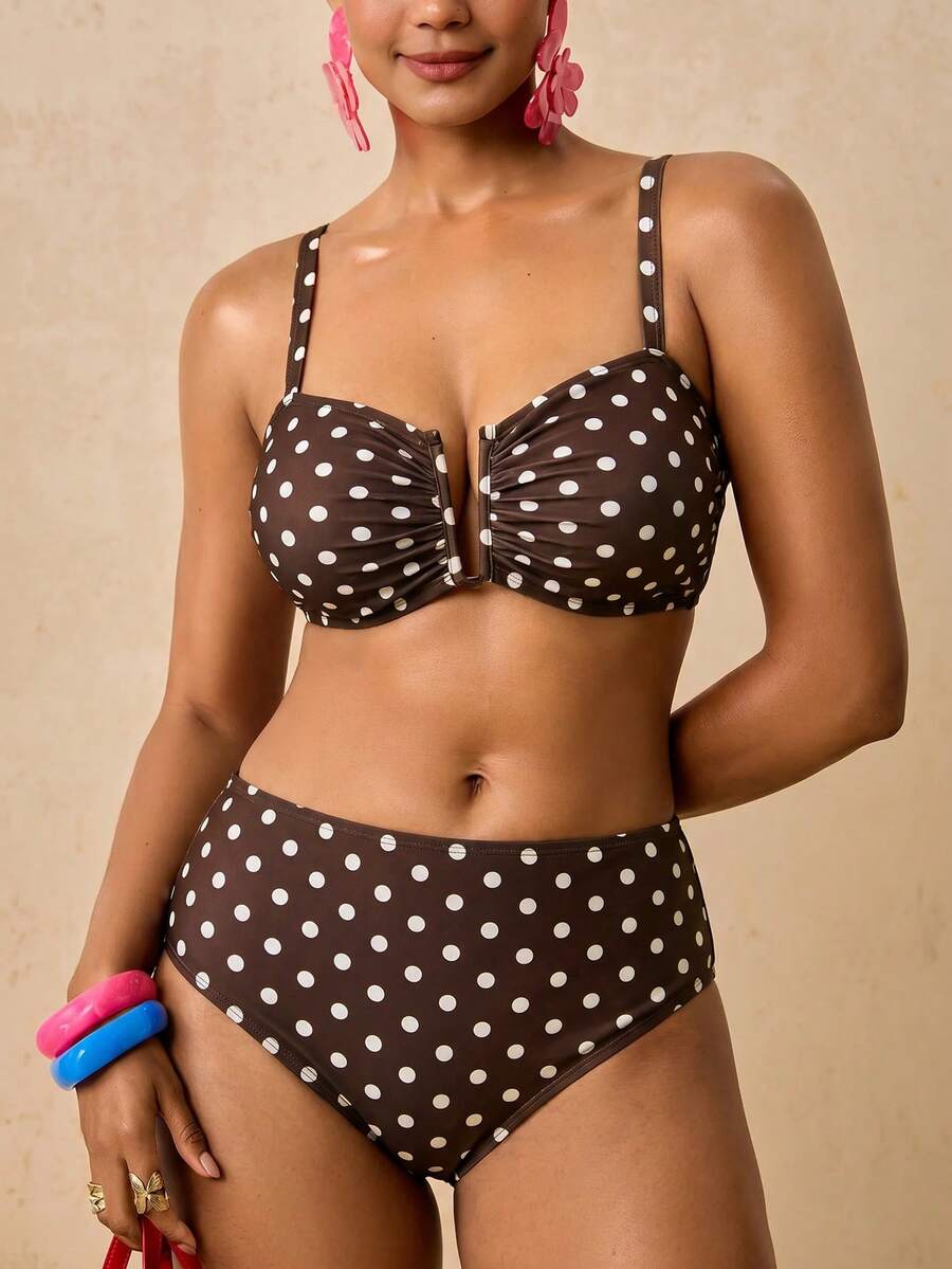 Travachic Plus Size Polka Dot Print Pleated Tank Top And Triangle Bikini Bottom Swimsuit Set Bathing Suit