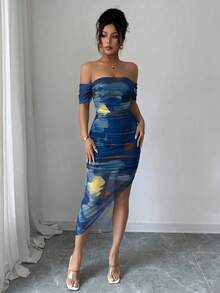 Selianne 女款優雅性感露肩淺藍色開衩修身長洋裝，夏季女裝酒吧派對夜場合穿搭 - 寶藍色 - 查看 6