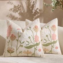 Cirelle 1pc/2pcs Boho Embroidered Throw Pillow Covers, Pastel Wildflower Botanical Cushion Case, Textured Boucle Floral Pillowcase For Sofa Couch Bedroom (No Insert) - Pink - View 9