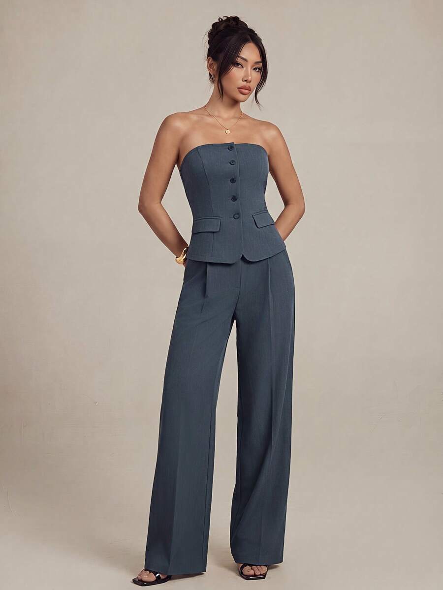 SHEIN PETITE 1 Conjunto de Top de Camisola Ajustado de unicolor y Pantalones Elegantes para Otoño/Invierno - Gris Oscuro - Ver 1