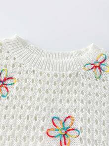 Franclia 女款新款對比色刺繡圓領休閒百搭針織背心上衣，夏季度假風極簡鏤空無袖毛衣背心 - 白色 - 查看 5