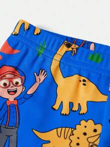 Blippi X SHEIN 2 件套男婴卡通恐龙舒适休闲圆领上衣和全印花图案紧身裤睡衣套装，适合春季、秋季和冬季 - 藍色 - 查看 5