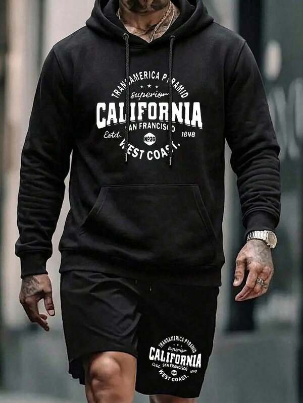 2 piezas Sudadera Con Capucha Y Pantalones Cortos Masculino, Estampado Geométrico Discreto, Tela Suave Ajustable Con Cordón, Ideal Para Deporte Y Uso Doméstico
