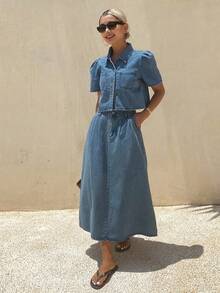 DAZY Women's Single-Breasted Short Sleeve Top And Skirt Casual Daily Denim Set Summer - Blue - View 4