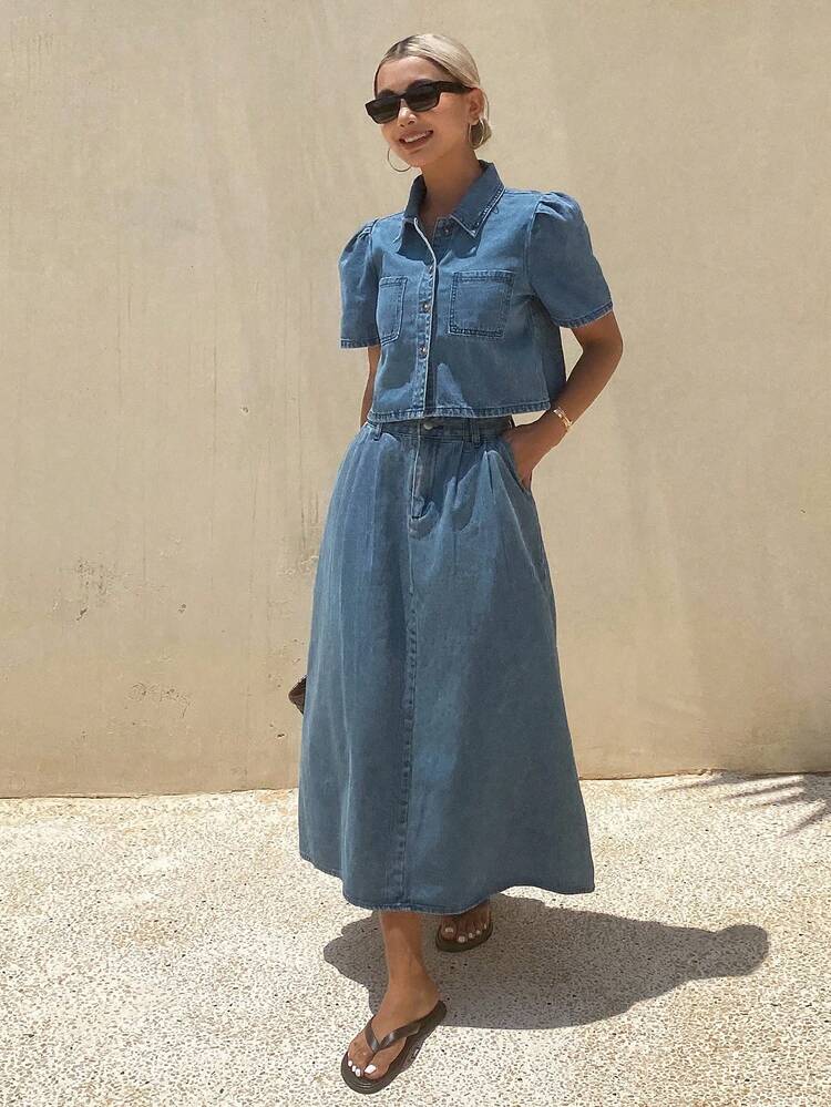 DAZY 女款單排扣短袖上衣與裙子休閒日常牛仔套裝 夏季 - 藍色 - 查看 4