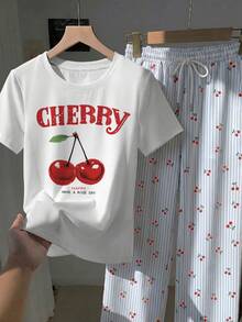 Comfortcana Casual Minimalist Style Red Cherry Letter Graphic Short Sleeve T-Shirt With Blue Pinstripe Long Pants 2-Piece Set, Suitable For Spring And Summer - Multicolor - View 5