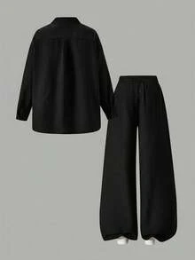 SHEIN 青少年女孩秋季新款黑色休閒極簡寬鬆長袖上衣與長褲套裝 - 黑色 - 查看 10