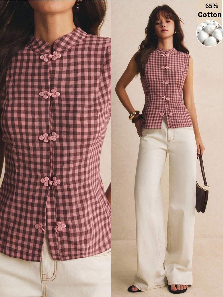 Poéselle 女款棉質門襟設計格紋修身背心上衣，格紋上衣，外出穿搭，上班、休閒、度假，適合夏季/秋季