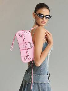 Viva Strut Ladies Rivet Tassels Shoulder Bag, Hobo Bag, Pink, Faux Leather, Fashionable, Personalized, Simple, Versatile, Street, Sweet And Cool Girls, Hot Girls, Y2k, Retro, Rivets, Vintage, Punk, For Commute, Office, Date, Daily, Shopping, School, College - Pink - View 8