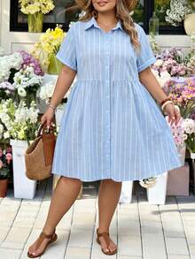 SHEIN CURVE+ Plus Size Striped Color Block Pleated Casual Daily Wear Dress Formal, Fall Winter 2026 22W - Blue and White - View 5