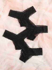 4pcs/Set Women's Sexy Seamless Sheer Lace Thong Panties - Black - View 2