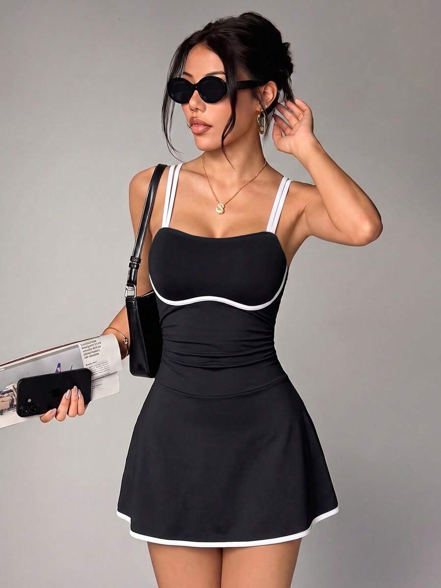 Dewbera Dewbera Sport Double Strap Contrast Edge Athletic Sporty Sexy Mini Dress Tennis Gym Black Summer