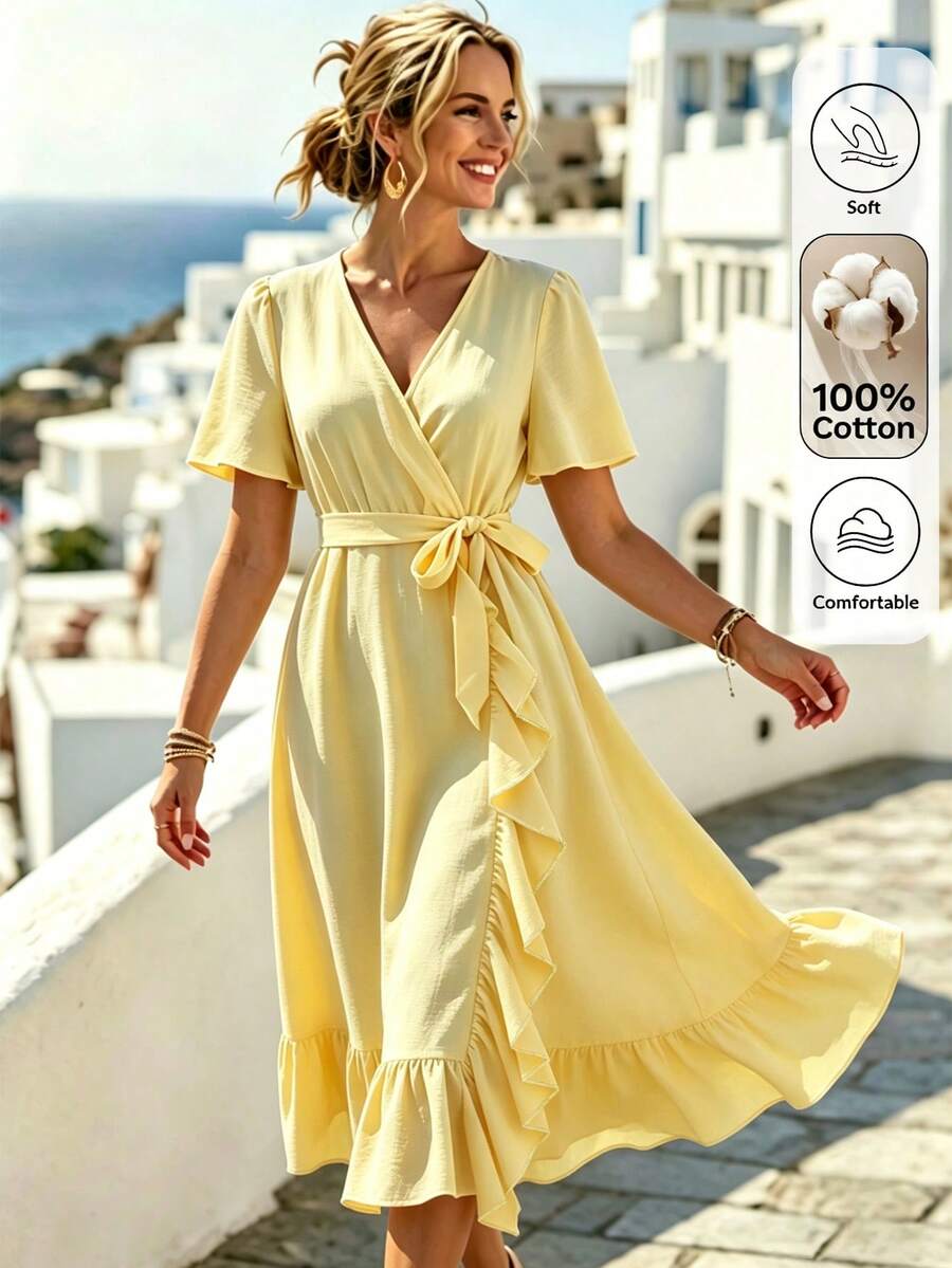 EMERY ROSE Standard Size Women's Ruffle V-Neck Fitted Vacation Elegant Mid-Length Dress - Yellow - View 1