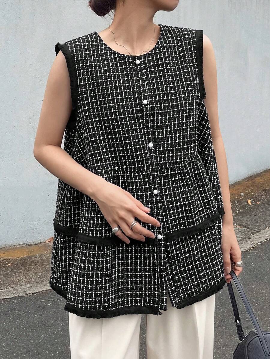 FRIFUL 女款初秋新款韓式拼接飾邊珍珠鈕扣層次感背心外套,標準版型 - 黑色 - 查看 1