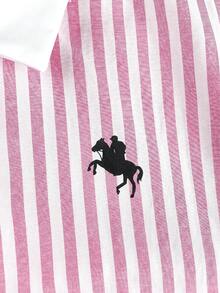 青少年女孩 Polo 領條紋刺繡圖案短袖中長洋裝，適合青少年女孩，對比色荷葉領花瓣袖印花洋裝，適合學校、戶外活動、購物，鈕扣洋裝童裝 - 粉色 - 查看 9