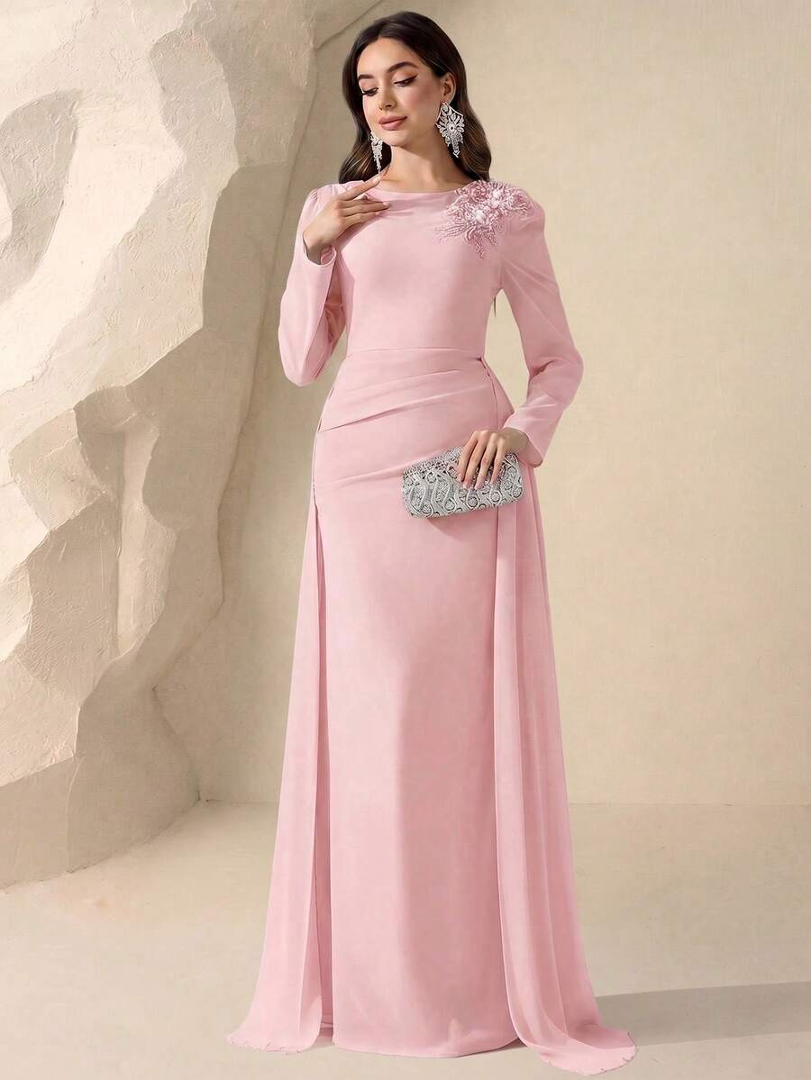 Coutiva 优雅的3D立体花卉装饰高端晚礼服,正式礼服,尽显奢华精致优雅 - 粉色 - 查看 1