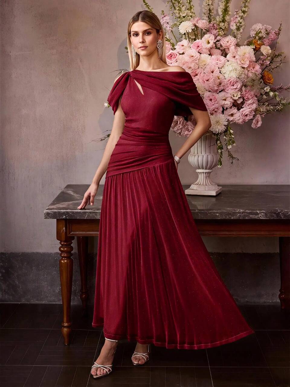 MOTF WOMEN'S ELEGANT ASYMMETRICAL SHOULDER RUCHED LONG DRESS