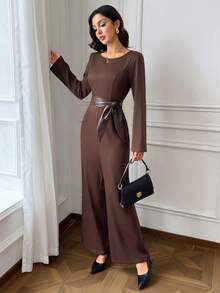 Modelyn Women's Brown Fashion Commute Waist Leather Tie Design Jumpsuit - Brown - View 6