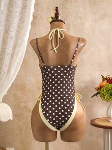 SHEIN Swim 春夏性感復古波點連身女款泳衣，2合1綁帶露背度假泳裝，性感辣妹波點掛脖海灘泳衣，夏季度假海灘溫泉百搭泳裝，蝴蝶結連身女款泳衣 - 棕色 - 查看 3