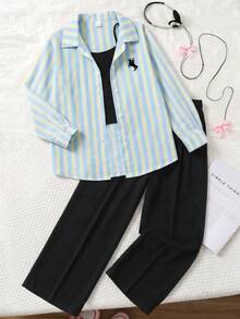 SHEIN 3件套黃色長袖條紋數位印花襯衫、黑色長褲、背心，適合春夏外出穿著 - 藍色 - 查看 5