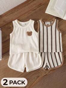 SHEIN Playful Pals 4件組男嬰刺繡背心與運動短褲套裝，運動風夏季城市度假深藍色套裝 - 杏色 - 查看 9