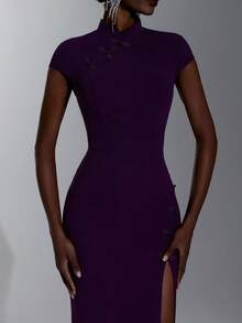 Elitara Elegant Romantic Purple Knit Cheongsam Collar Mermaid Dress Bodycon High Slit Cap Sleeve Women Prom Wedding Dinner Evening Formal Gown Winter - Purple - View 5