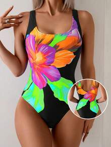 SHEIN Swim 1pc Women's Elegant Floral Print Scoop Neck One-Piece Swimsuit With High Neckline For Summer Beach Vacation - Multicolor - View 3