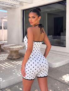 SHEIN Sports Ruched Halter Polka Dot Sports Bodysuit Contrast Trim Romper For Fitness Cycling Gym Workout - Multicolor - View 3