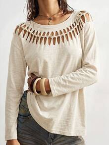 Bohemela Fall /Casual Solid Color Knit Women's T-Shirt/Y2K/Halloween/Music Festival /Western Style - Apricot - View 3