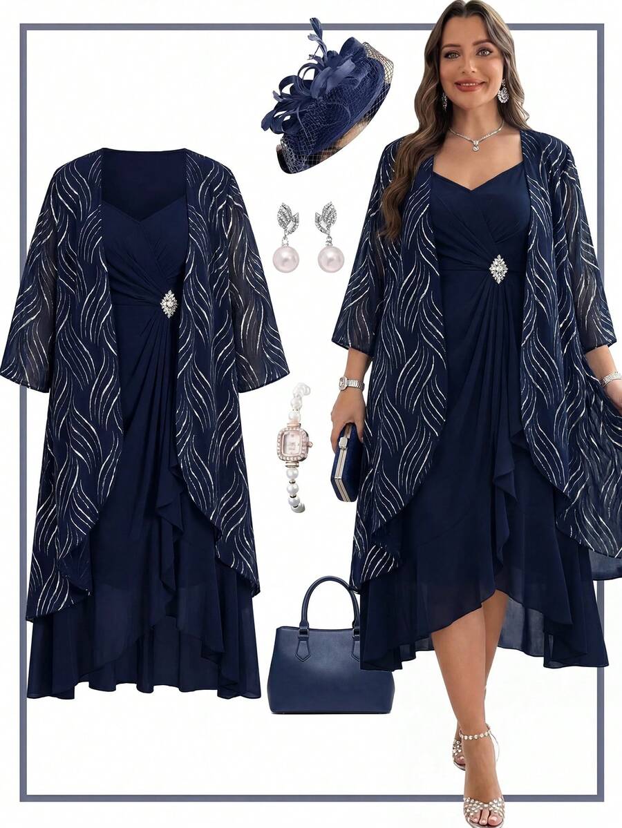 Reflora Plus Size Women's Solid Color Rhinestone Decor Cami Dress And Cardigan Casual Daily 2-Piece Set - Blue - View 1