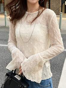 FRIFUL 女士圆领蕾丝面料修身喇叭袖纯色休闲T恤 - 白色 - 查看 4