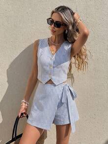 Serisse Women's Casual Vest And Shorts Set, Striped Set, Commuting, Daily, Summer Clothing, Street Style, Suitable For Daily Commuting, Dating, Gathering, Autumn/Winter, Summer, Party, Wedding, Beach, Graduation Ceremony, Elegant, Casual, Outing, Y2K, Music Festival Outfit, Holiday Clothing, Back To School Outfit - Multicolor - View 4