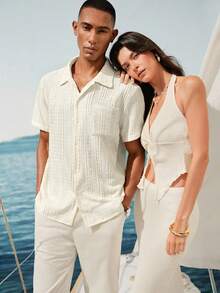 VENTUSAIL Men's Solid Color Short Sleeve Single-Breasted Casual Pocket Shirt - Beige - View 4