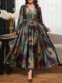 SHEIN Clasi Plus Size Floral Print Shirred Waist Shirred Vacation Dress - Green - View 6