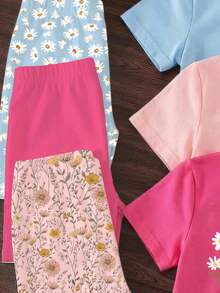 Elladie kids Bộ 6 món cho bé gái 4-7 tuổi, áo thun ngắn tay in hoa và quần dài, chất liệu nhẹ, thoải mái, phù hợp mặc hàng ngày, đi học, dự tiệc sinh nhật, dã ngoại, vui chơi ngoài trời vào mùa xuân, hè và thu. - Nhiều màu - Xem 3